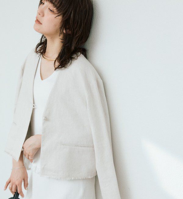  「予約【軽量/通気性抜群】ペーパーリネンノーカラージャケット」|テーラードジャケット|