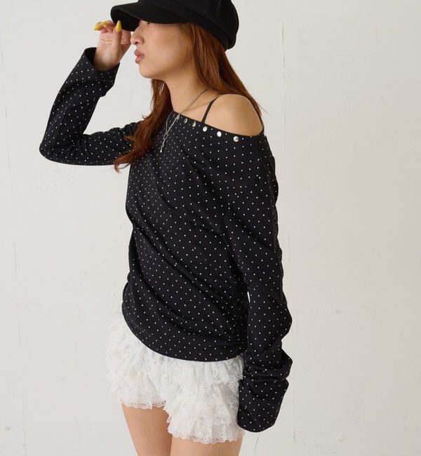  「スタッズオフショルL/Sトップス(ドット/ボーダー)」|Tシャツ・カットソー|