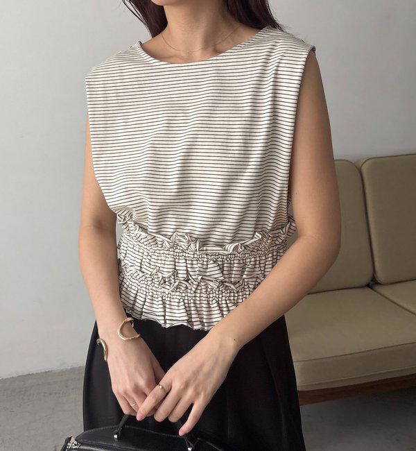  「【肩回りカバー/前後2WAY】ボーダー裾ギャザーT」|Tシャツ・カットソー|