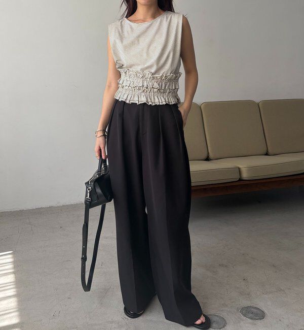  「【肩回りカバー/前後2WAY】ボーダー裾ギャザーT」|Tシャツ・カットソー|