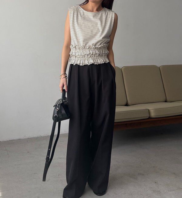  「【肩回りカバー/前後2WAY】ボーダー裾ギャザーT」|Tシャツ・カットソー|