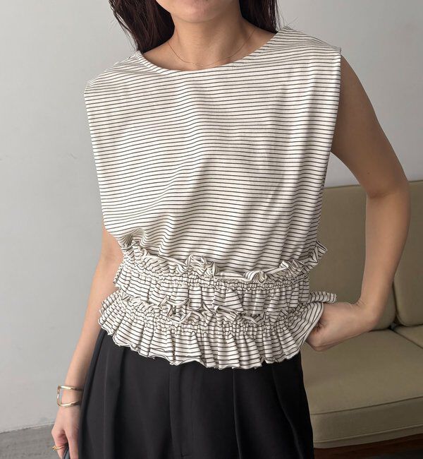  「【肩回りカバー/前後2WAY】ボーダー裾ギャザーT」|Tシャツ・カットソー|