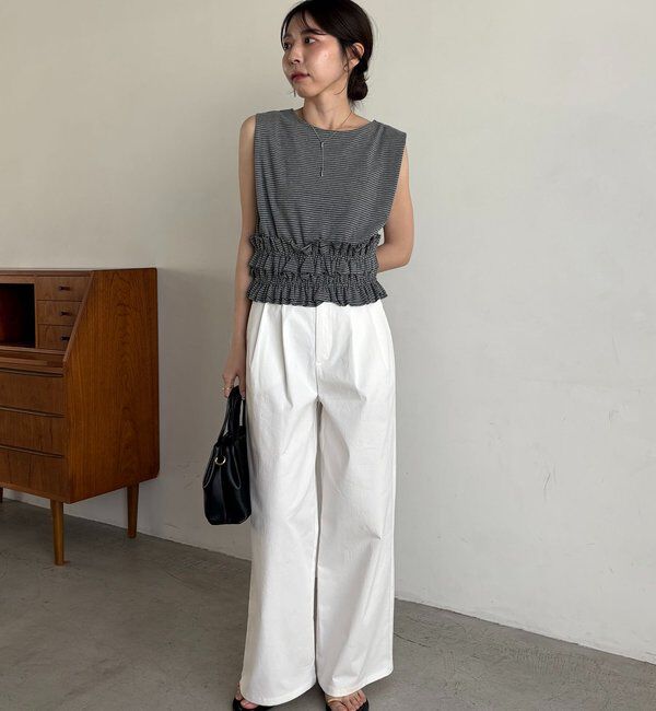  「【肩回りカバー/前後2WAY】ボーダー裾ギャザーT」|Tシャツ・カットソー|