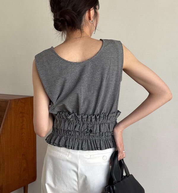  「【肩回りカバー/前後2WAY】ボーダー裾ギャザーT」|Tシャツ・カットソー|