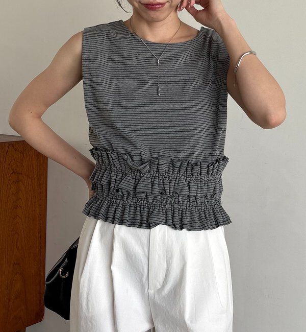  「【肩回りカバー/前後2WAY】ボーダー裾ギャザーT」|Tシャツ・カットソー|