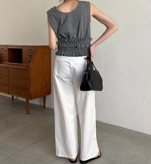  「【肩回りカバー/前後2WAY】ボーダー裾ギャザーT」|Tシャツ・カットソー|