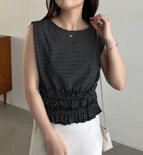  「【肩回りカバー/前後2WAY】ボーダー裾ギャザーT」|Tシャツ・カットソー|ブラック