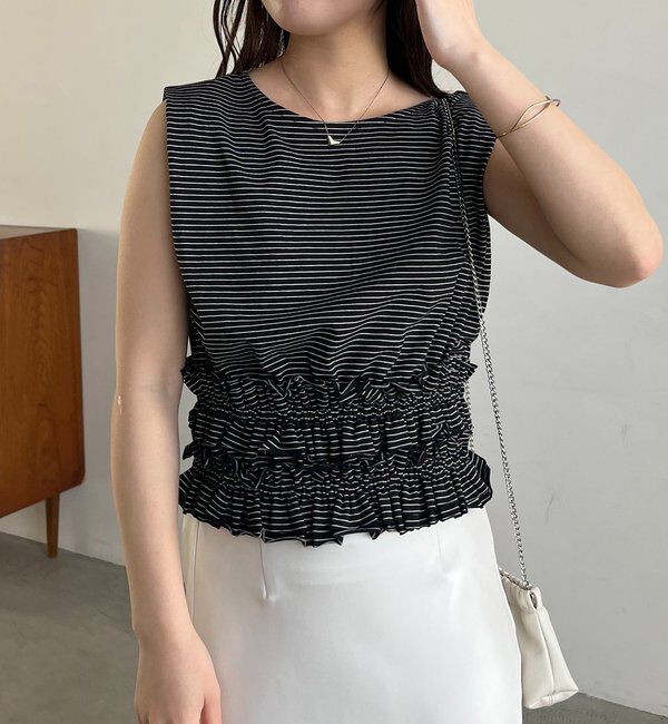  「【肩回りカバー/前後2WAY】ボーダー裾ギャザーT」|Tシャツ・カットソー|