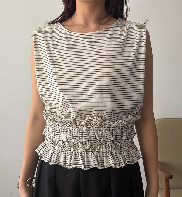  「【肩回りカバー/前後2WAY】ボーダー裾ギャザーT」|Tシャツ・カットソー|
