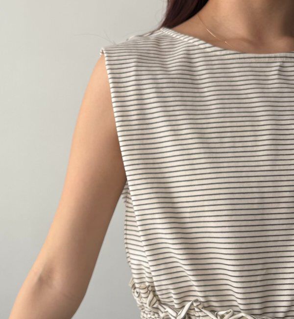  「【肩回りカバー/前後2WAY】ボーダー裾ギャザーT」|Tシャツ・カットソー|