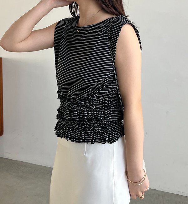  「【肩回りカバー/前後2WAY】ボーダー裾ギャザーT」|Tシャツ・カットソー|