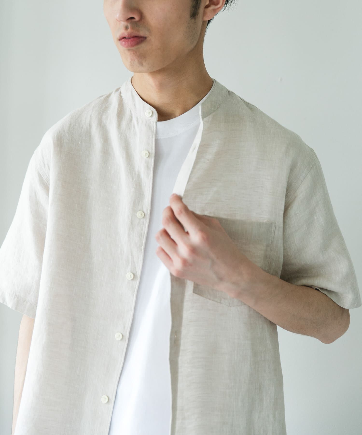 URBAN RESEARCH DOORS「シルケットリネン バンドカラーショートスリーブシャツ」|シャツ・ブラウス|
