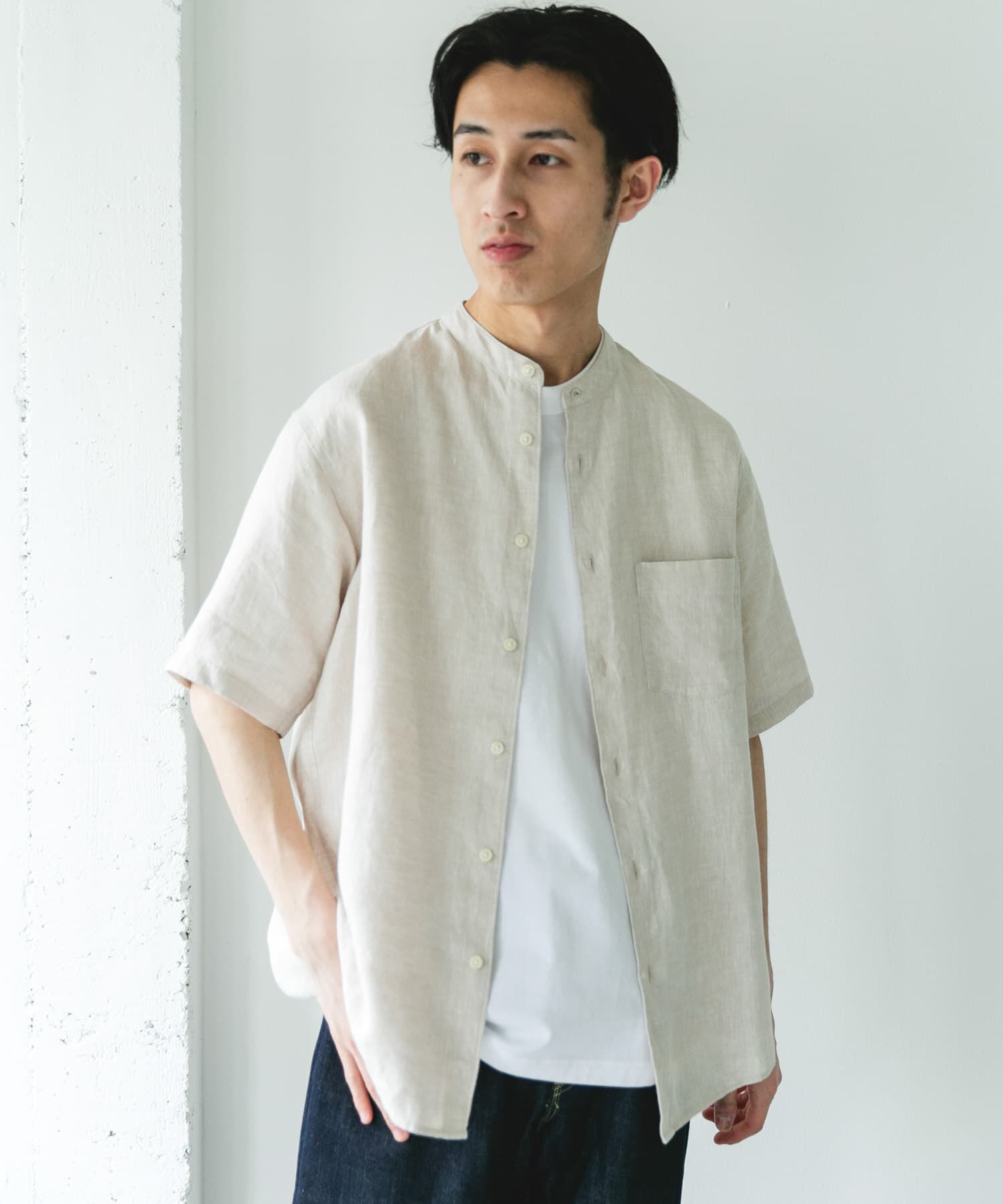 URBAN RESEARCH DOORS「シルケットリネン バンドカラーショートスリーブシャツ」|シャツ・ブラウス|