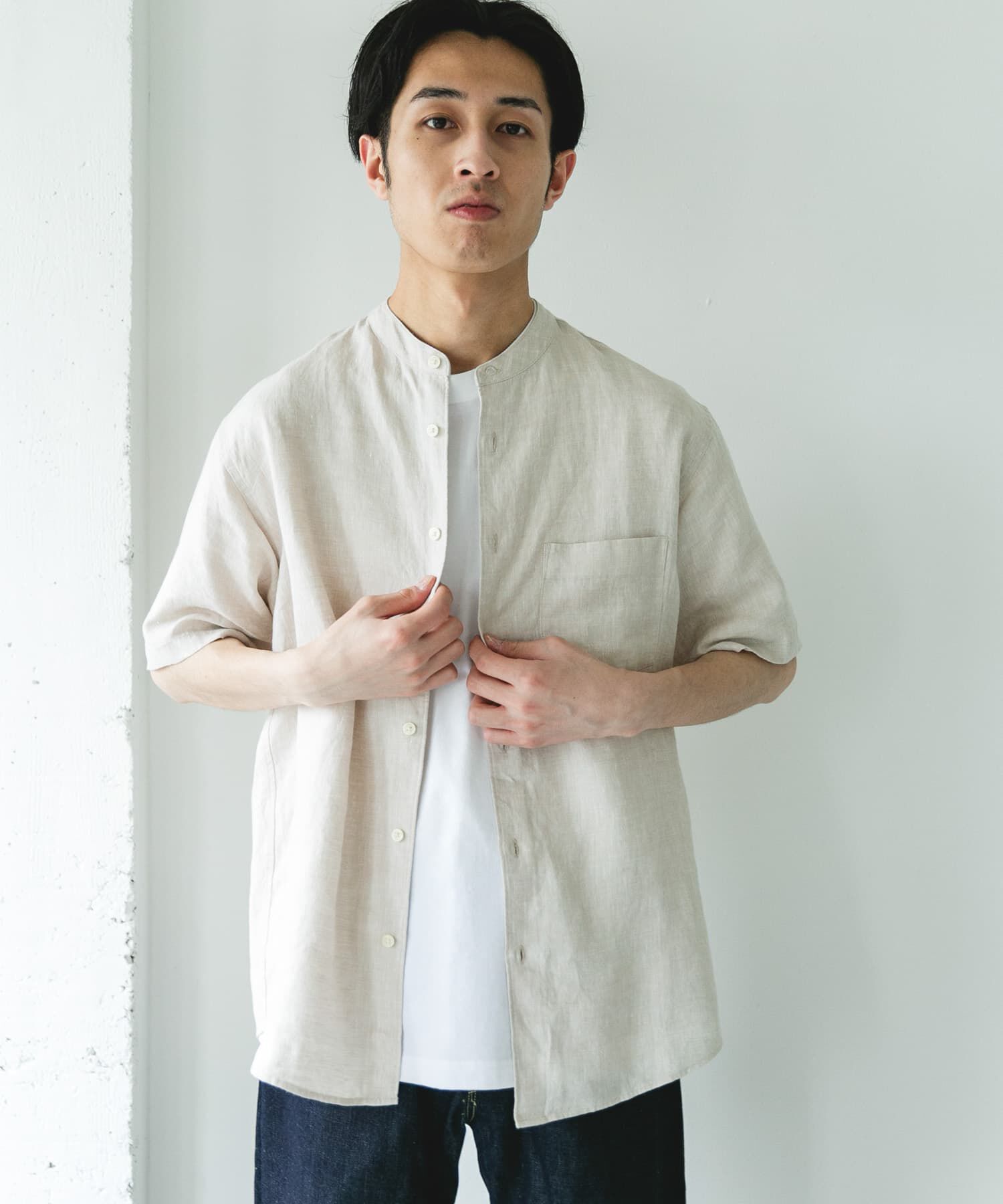 URBAN RESEARCH DOORS「シルケットリネン バンドカラーショートスリーブシャツ」|シャツ・ブラウス|