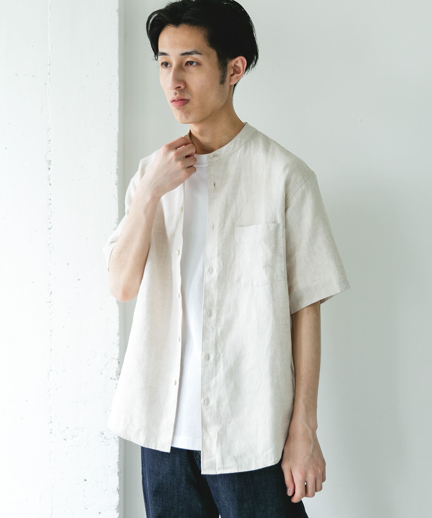URBAN RESEARCH DOORS「シルケットリネン バンドカラーショートスリーブシャツ」|シャツ・ブラウス|