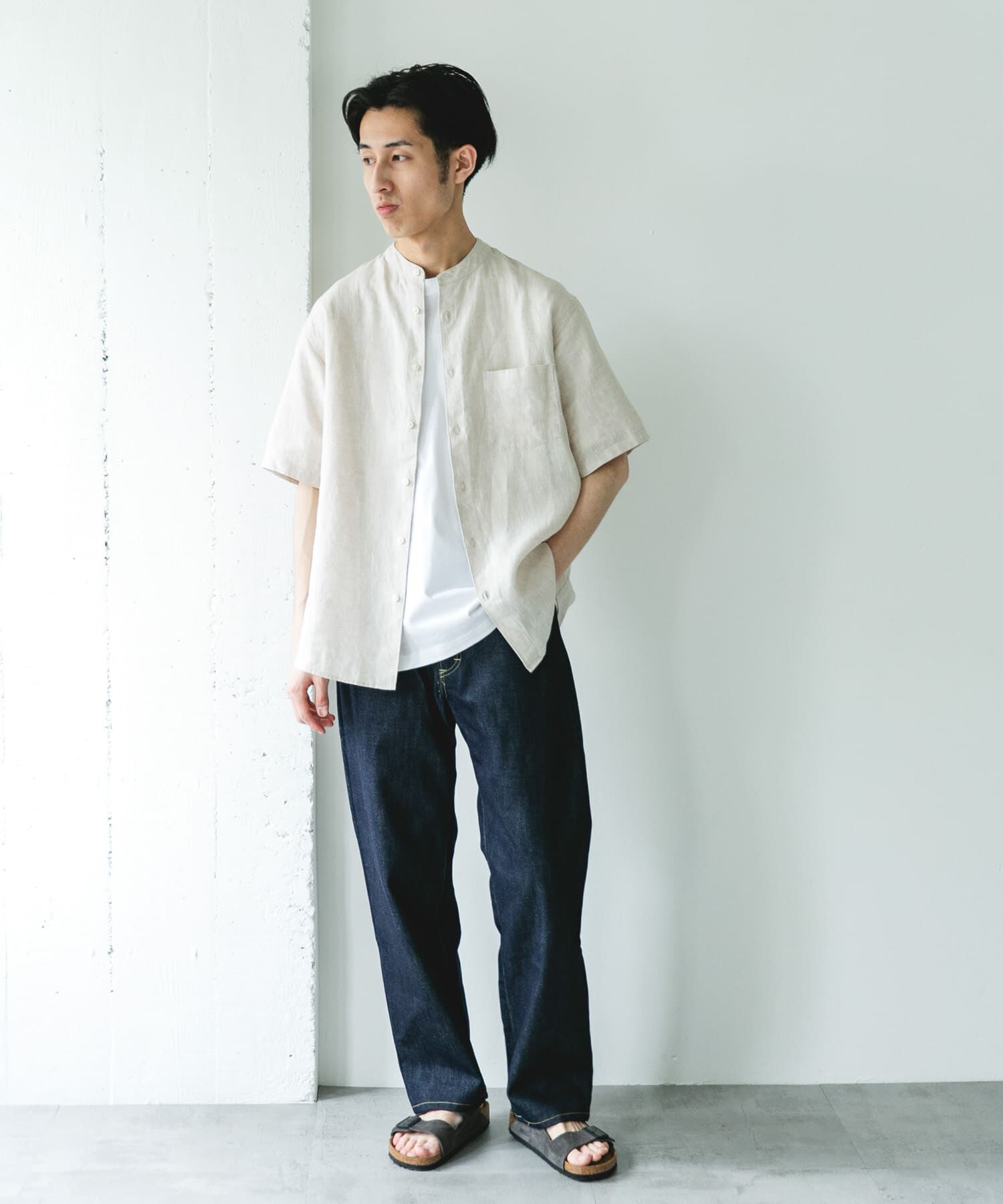 URBAN RESEARCH DOORS「シルケットリネン バンドカラーショートスリーブシャツ」|シャツ・ブラウス|