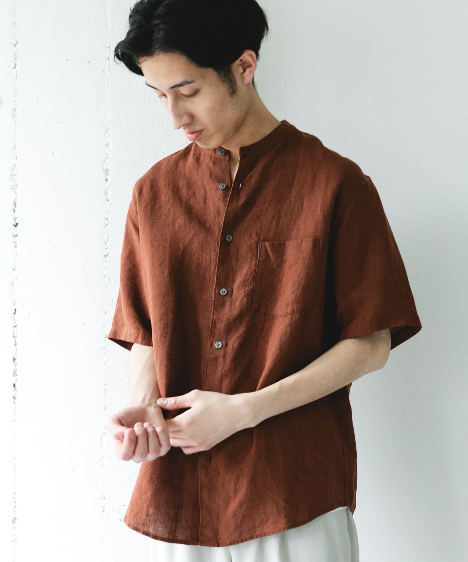 URBAN RESEARCH DOORS「シルケットリネン バンドカラーショートスリーブシャツ」|シャツ・ブラウス|