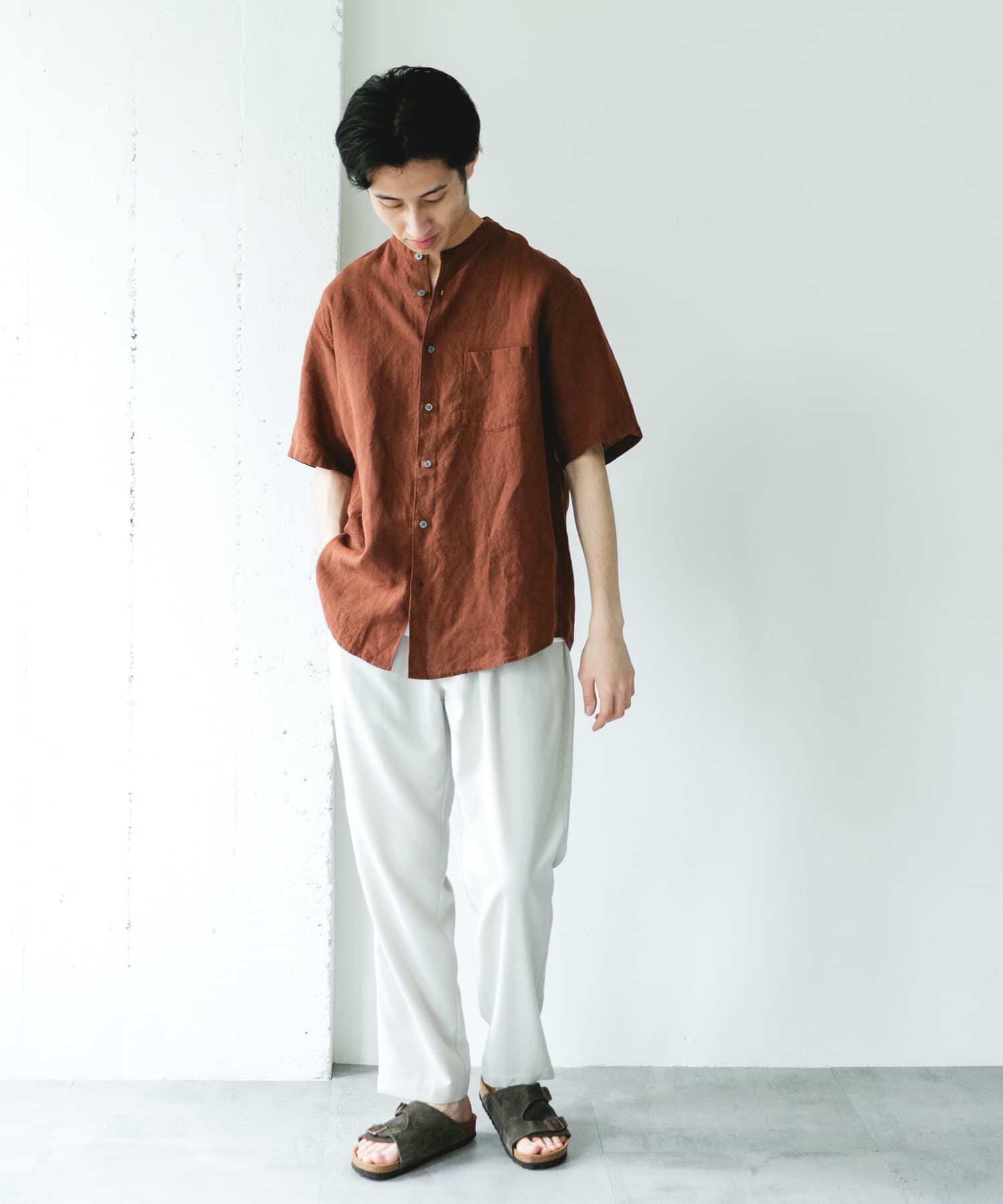 URBAN RESEARCH DOORS「シルケットリネン バンドカラーショートスリーブシャツ」|シャツ・ブラウス|