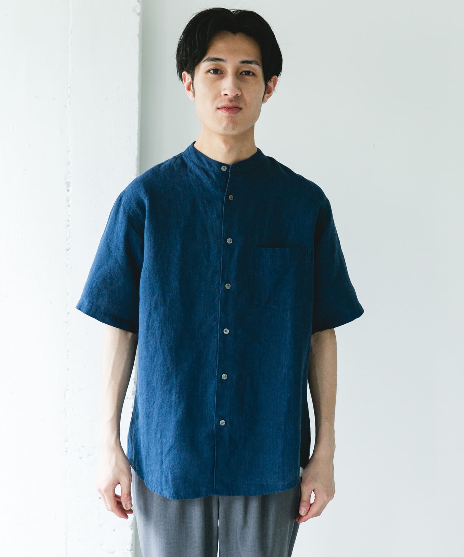 URBAN RESEARCH DOORS「シルケットリネン バンドカラーショートスリーブシャツ」|シャツ・ブラウス|