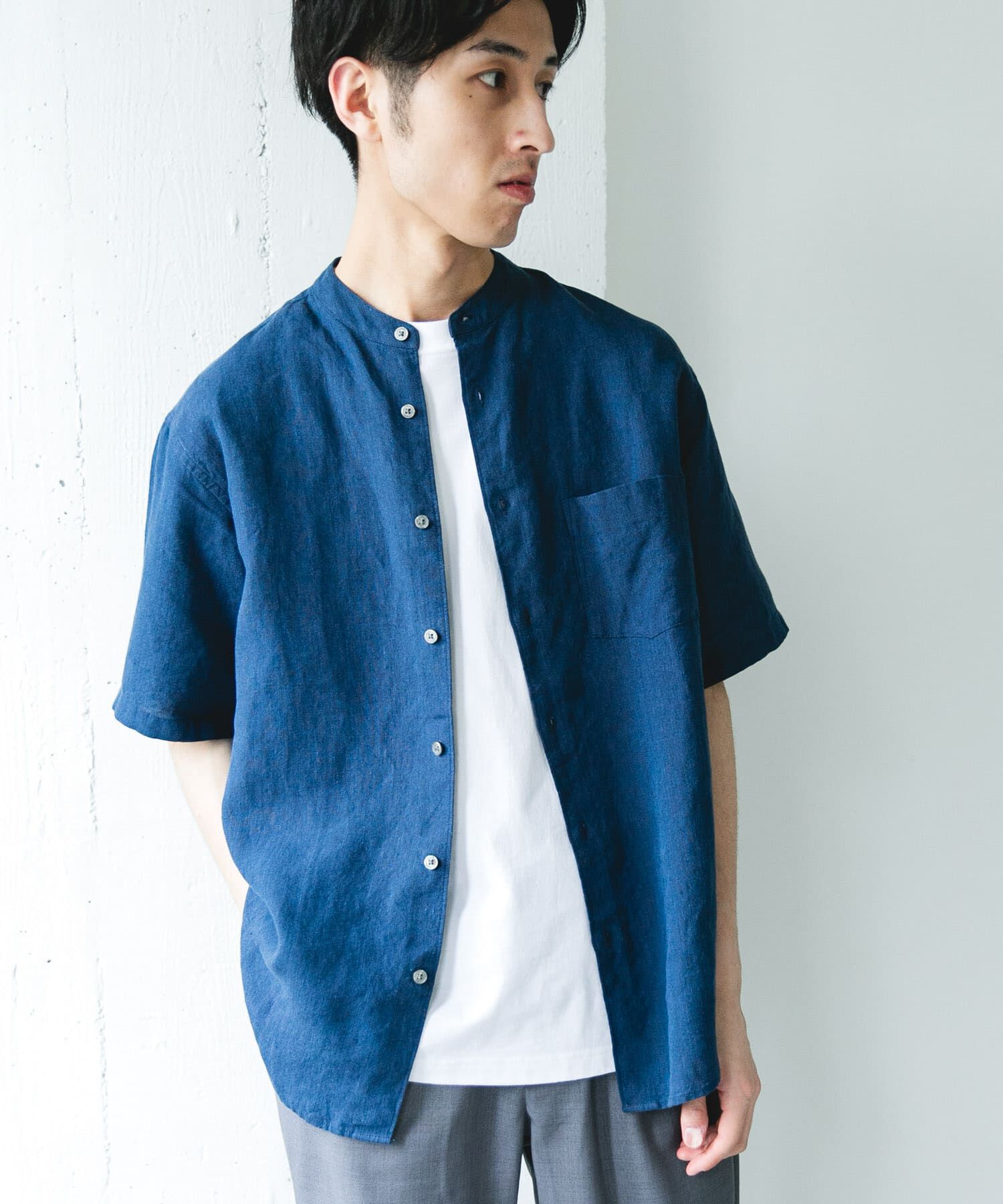 URBAN RESEARCH DOORS「シルケットリネン バンドカラーショートスリーブシャツ」|シャツ・ブラウス|