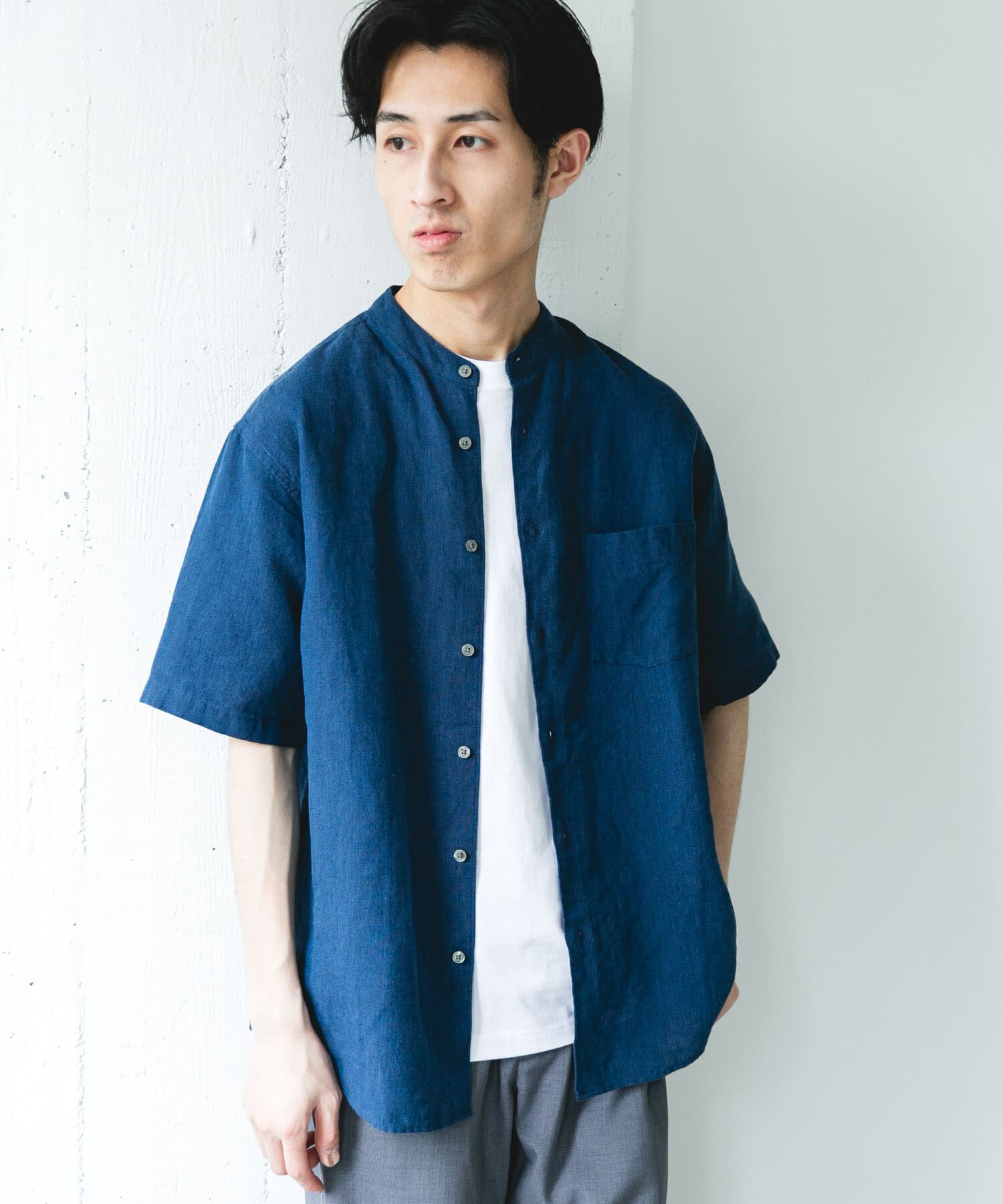URBAN RESEARCH DOORS「シルケットリネン バンドカラーショートスリーブシャツ」|シャツ・ブラウス|