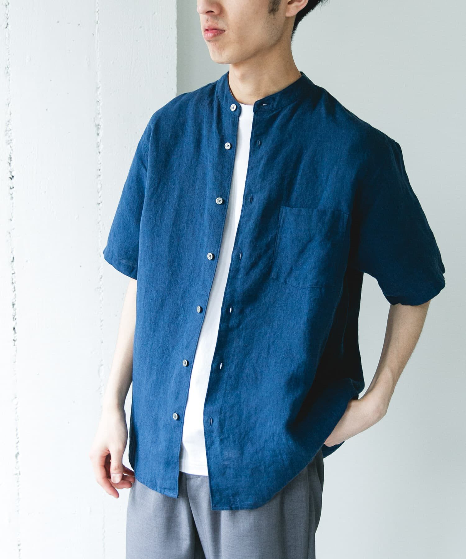 URBAN RESEARCH DOORS「シルケットリネン バンドカラーショートスリーブシャツ」|シャツ・ブラウス|
