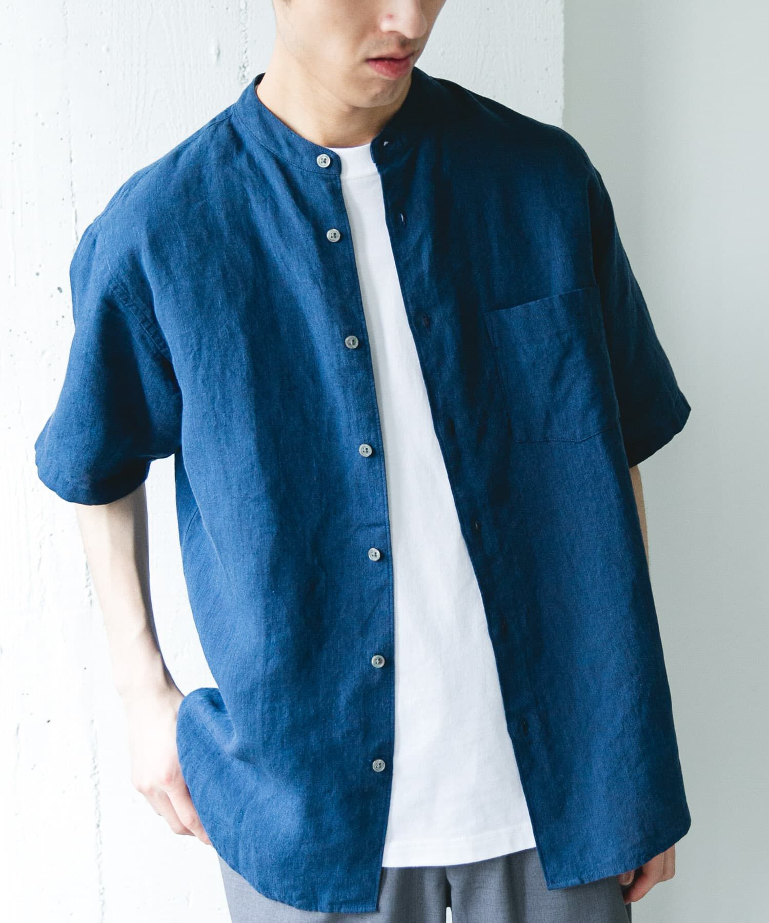 URBAN RESEARCH DOORS「シルケットリネン バンドカラーショートスリーブシャツ」|シャツ・ブラウス|