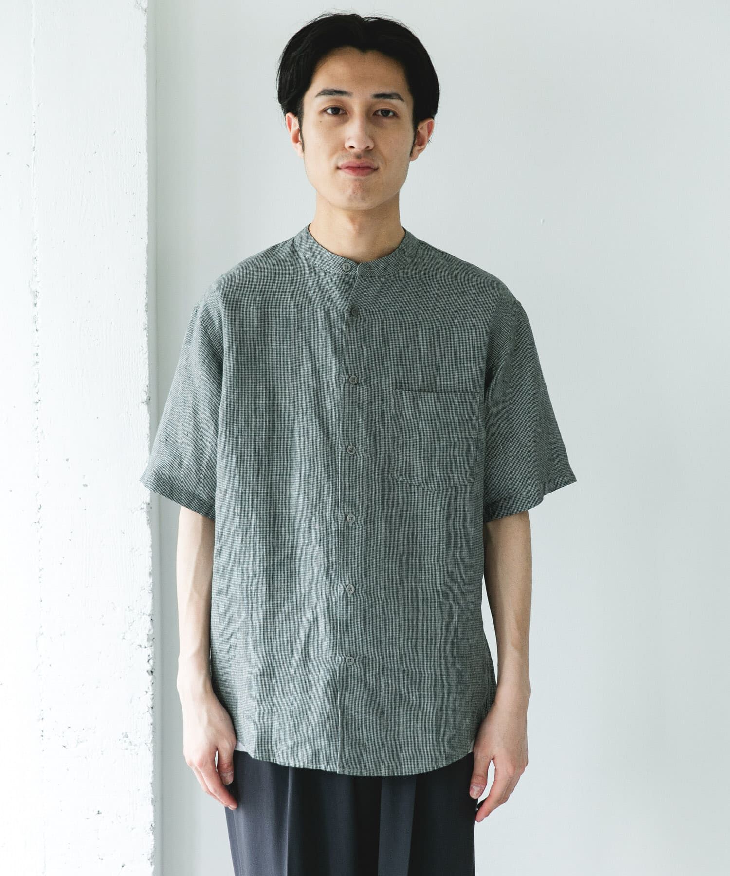 URBAN RESEARCH DOORS「シルケットリネン バンドカラーショートスリーブシャツ」|シャツ・ブラウス|