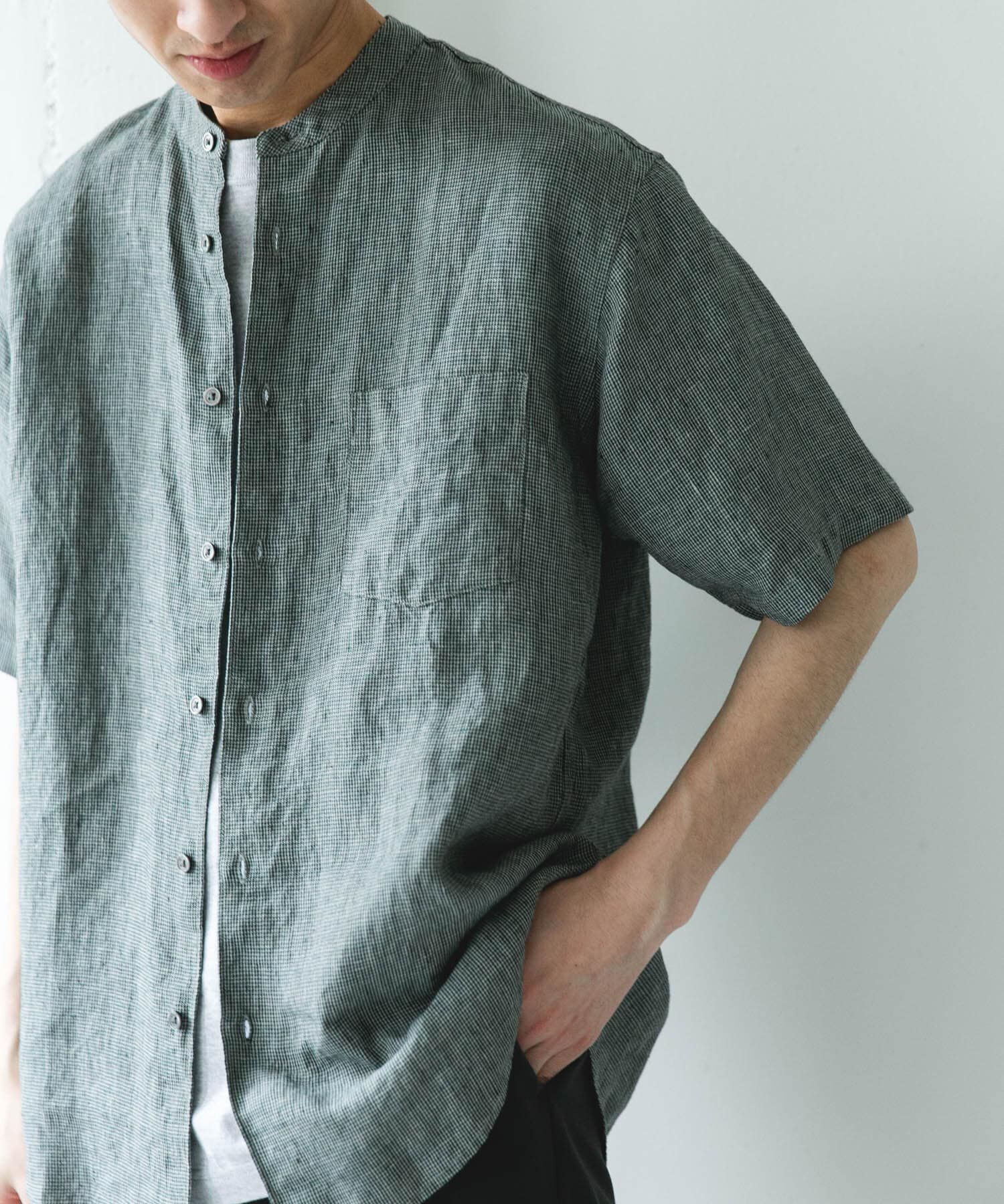 URBAN RESEARCH DOORS「シルケットリネン バンドカラーショートスリーブシャツ」|シャツ・ブラウス|