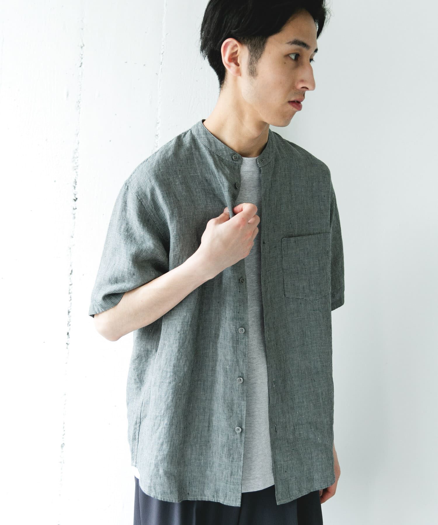 URBAN RESEARCH DOORS「シルケットリネン バンドカラーショートスリーブシャツ」|シャツ・ブラウス|