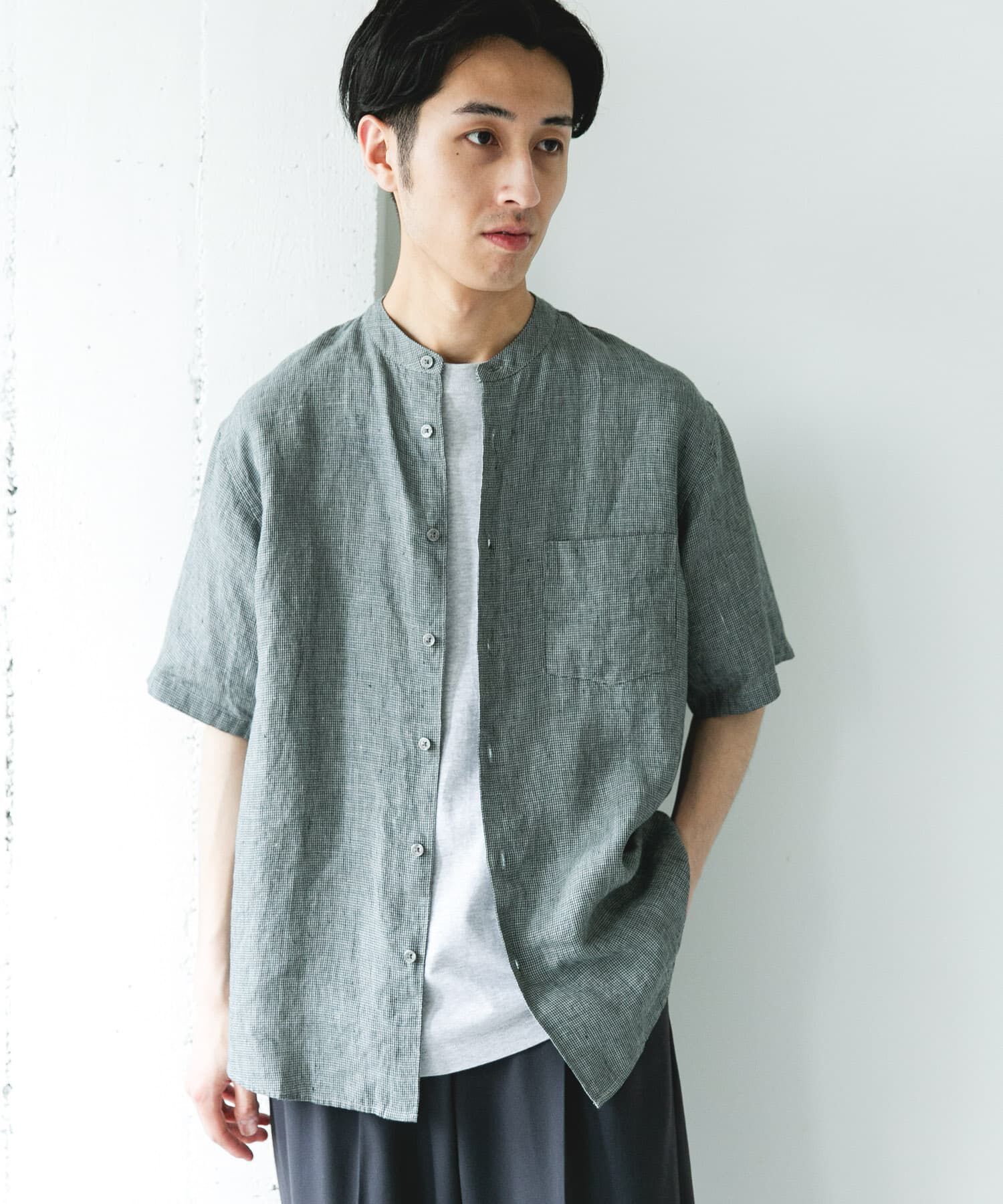 URBAN RESEARCH DOORS「シルケットリネン バンドカラーショートスリーブシャツ」|シャツ・ブラウス|