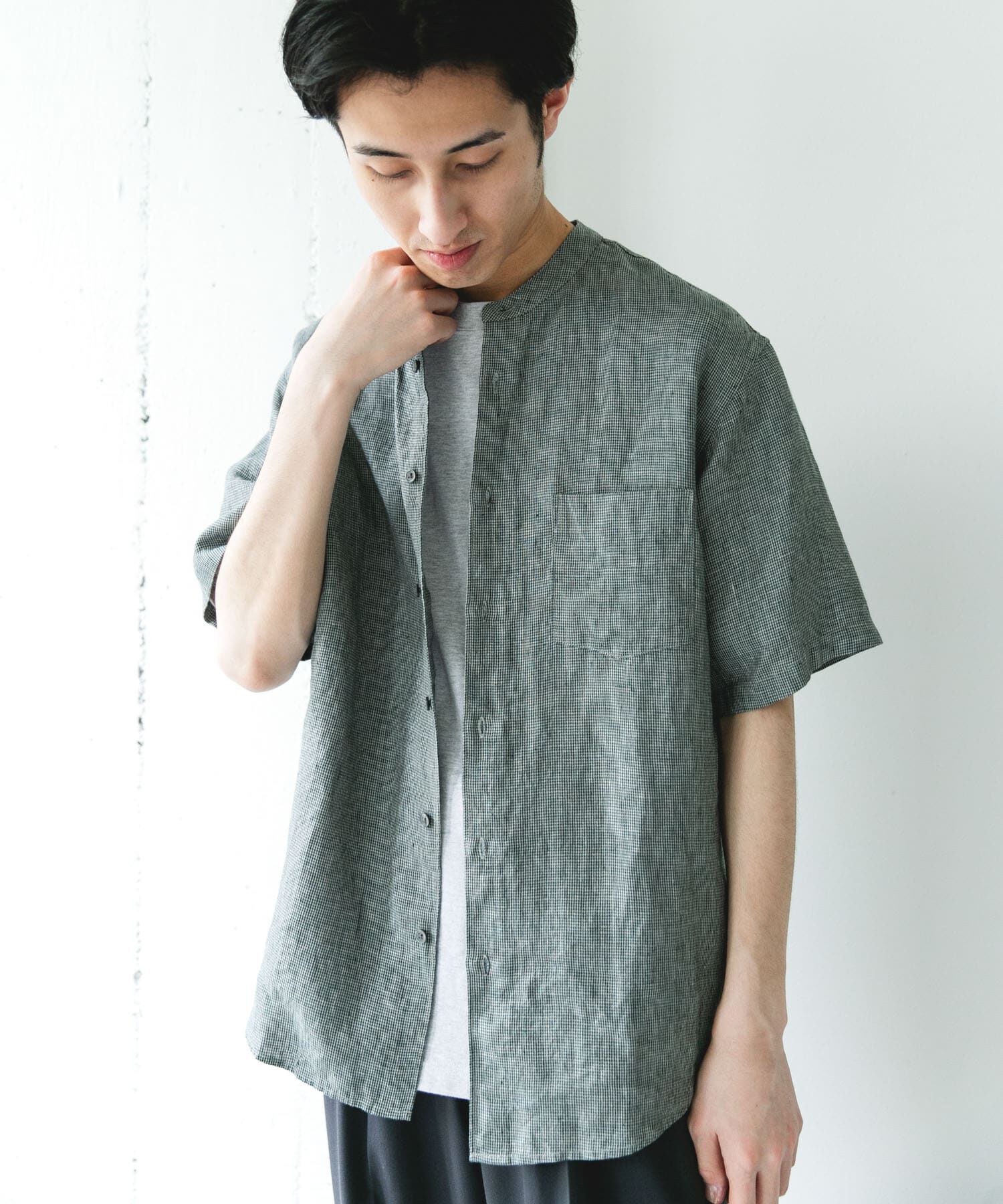 URBAN RESEARCH DOORS「シルケットリネン バンドカラーショートスリーブシャツ」|シャツ・ブラウス|