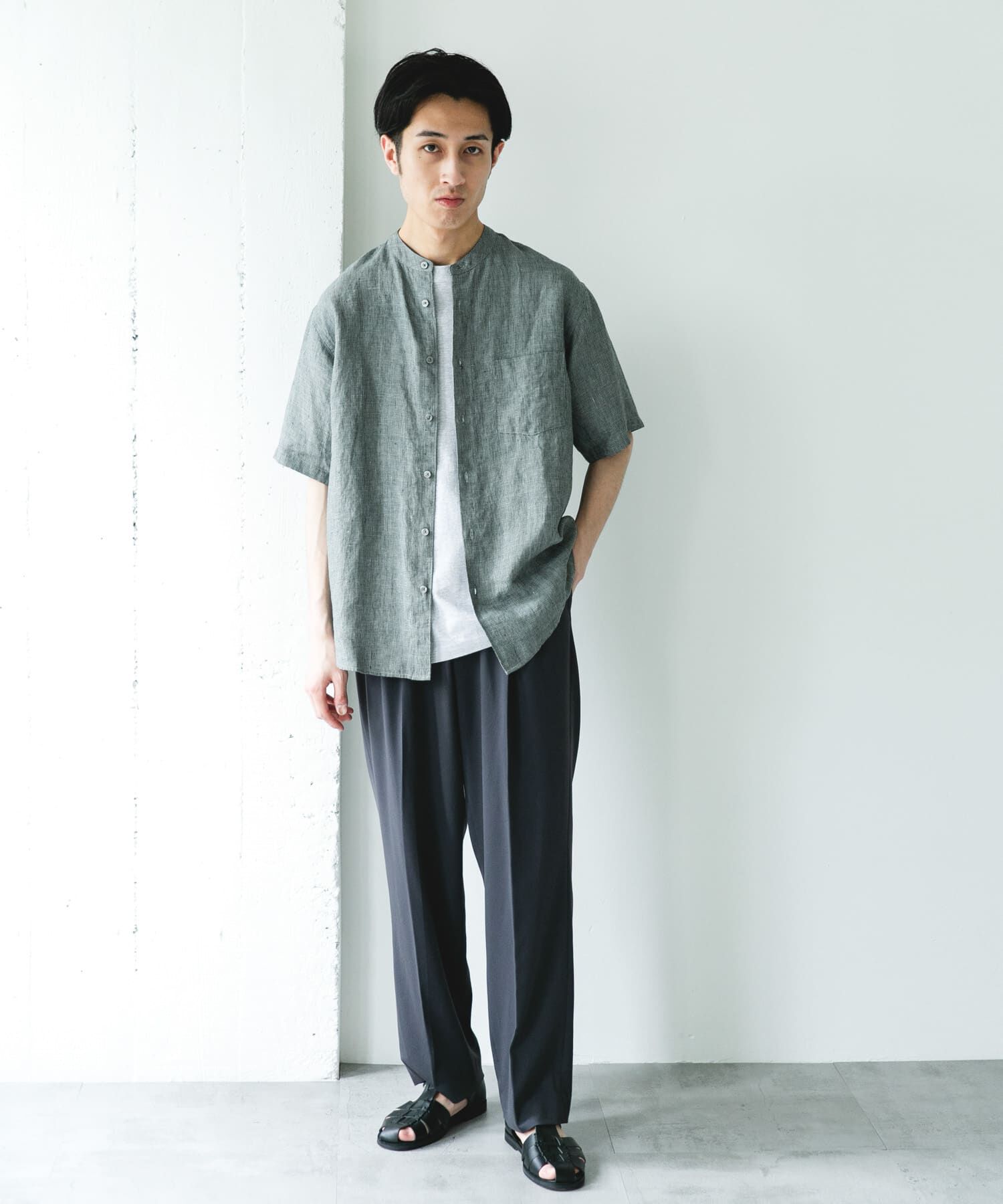 URBAN RESEARCH DOORS「シルケットリネン バンドカラーショートスリーブシャツ」|シャツ・ブラウス|