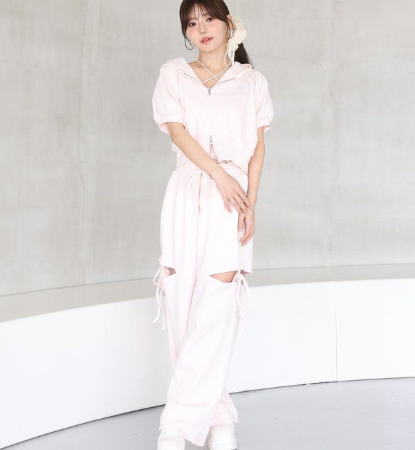  「【セットアップ可能】レースロゴ刺繍半袖ラメパーカー」|プルオーバー|