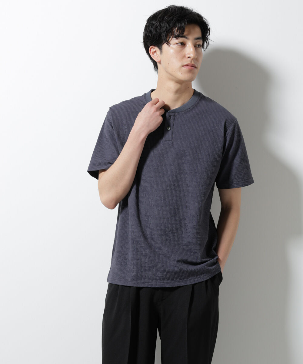 nano･universe「ジャージーサッカーヘンリーネックTシャツ 半袖」|Tシャツ・カットソー|