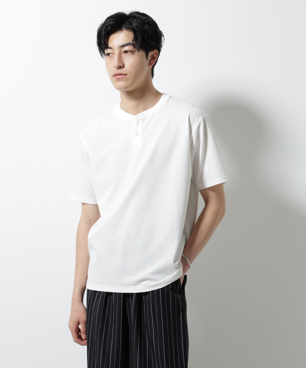 nano･universe「ジャージーサッカーヘンリーネックTシャツ 半袖」|Tシャツ・カットソー|