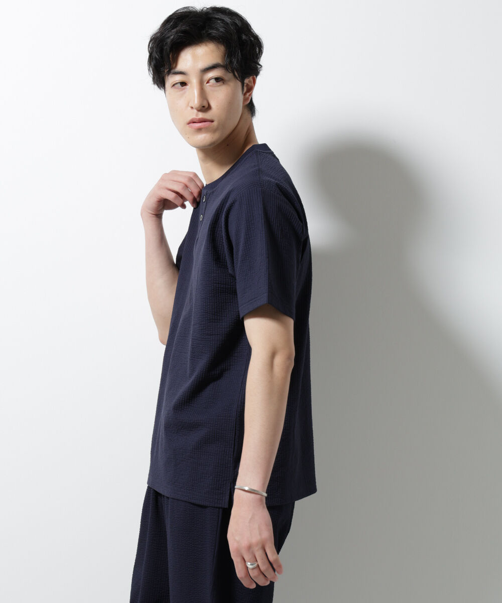 nano･universe「ジャージーサッカーヘンリーネックTシャツ 半袖」|Tシャツ・カットソー|