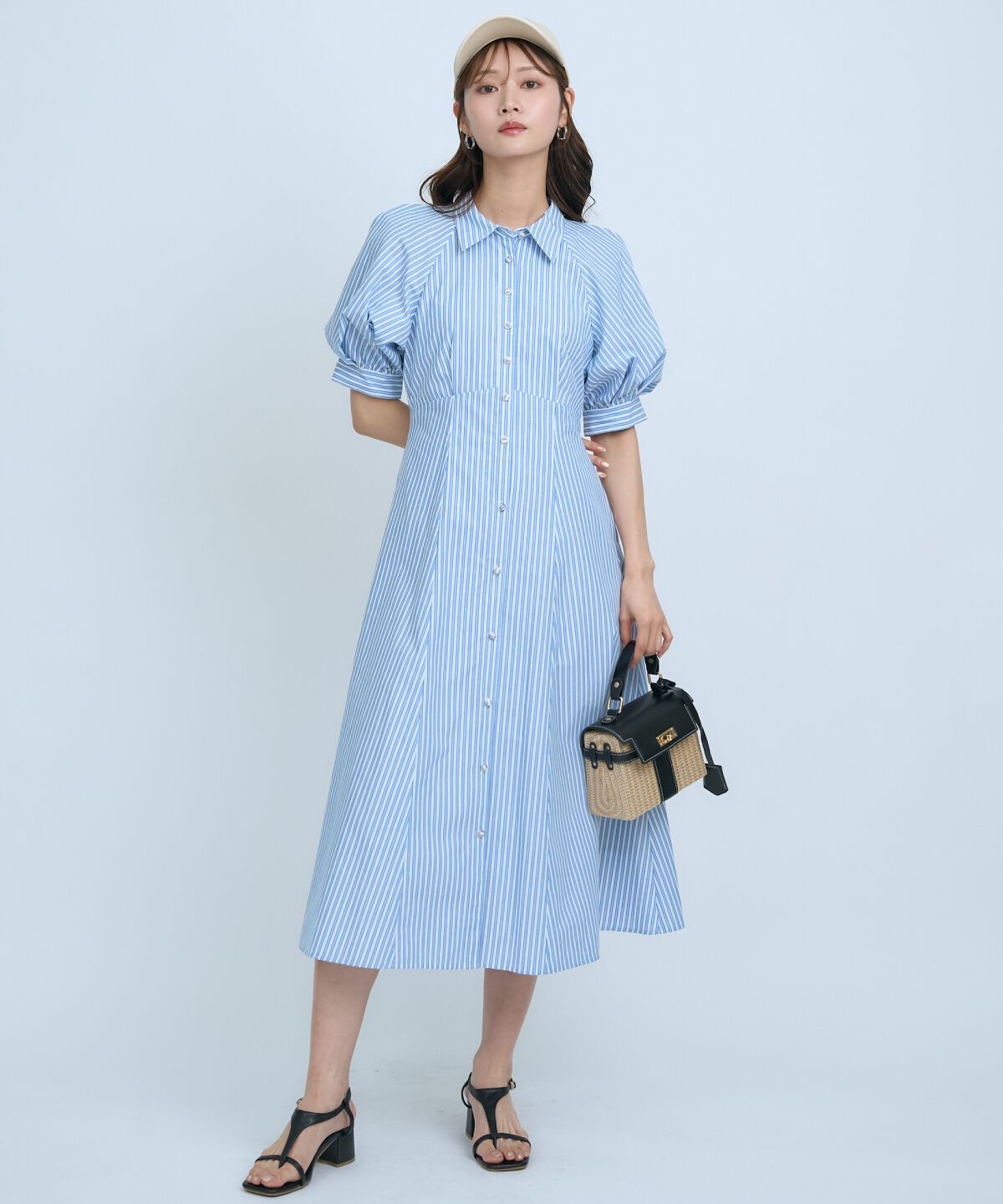 アンドクチュール「ボリュームスリーブストライプワンピース」|ワンピース|