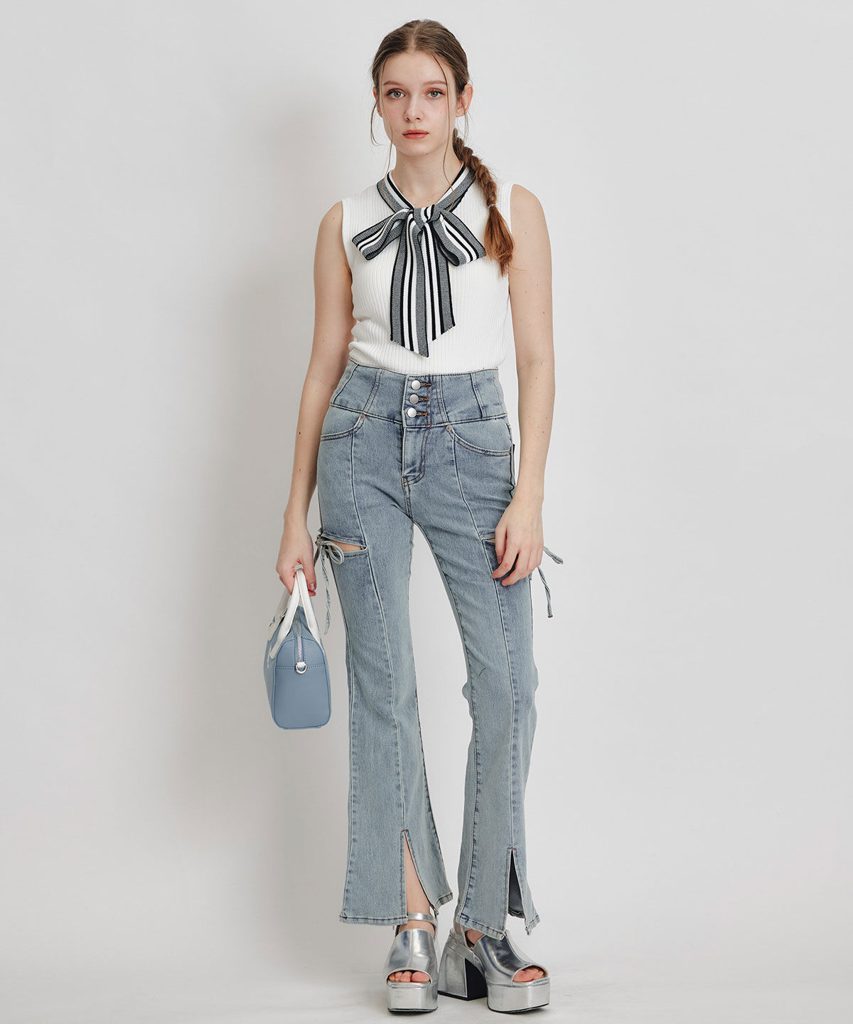 REDYAZEL「ストライプリボンタイリブニットノースリーブ」|ニット・セーター|