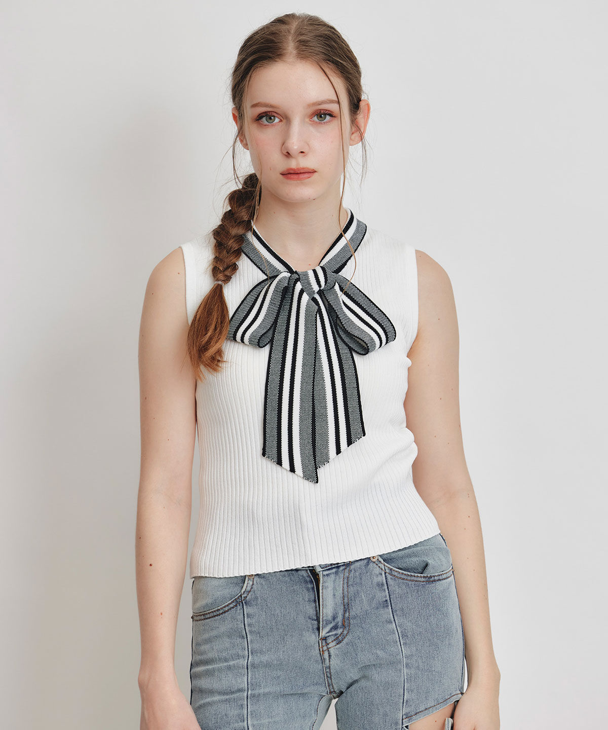 REDYAZEL「ストライプリボンタイリブニットノースリーブ」|ニット・セーター|