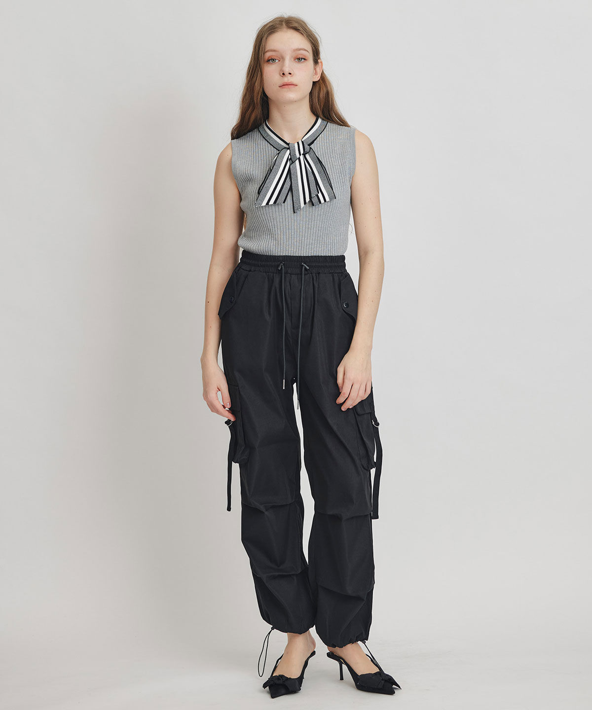 REDYAZEL「ストライプリボンタイリブニットノースリーブ」|ニット・セーター|