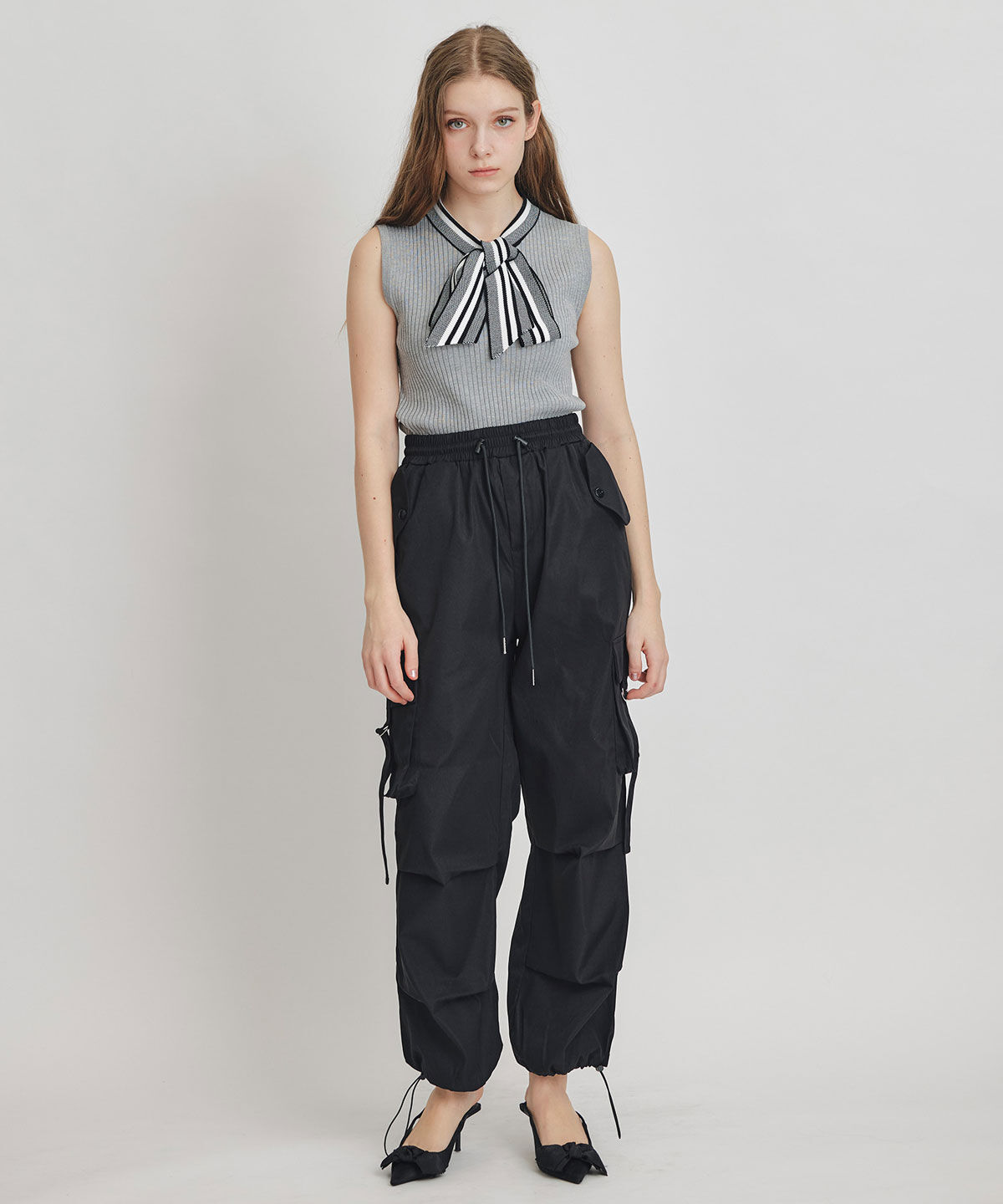 REDYAZEL「ストライプリボンタイリブニットノースリーブ」|ニット・セーター|