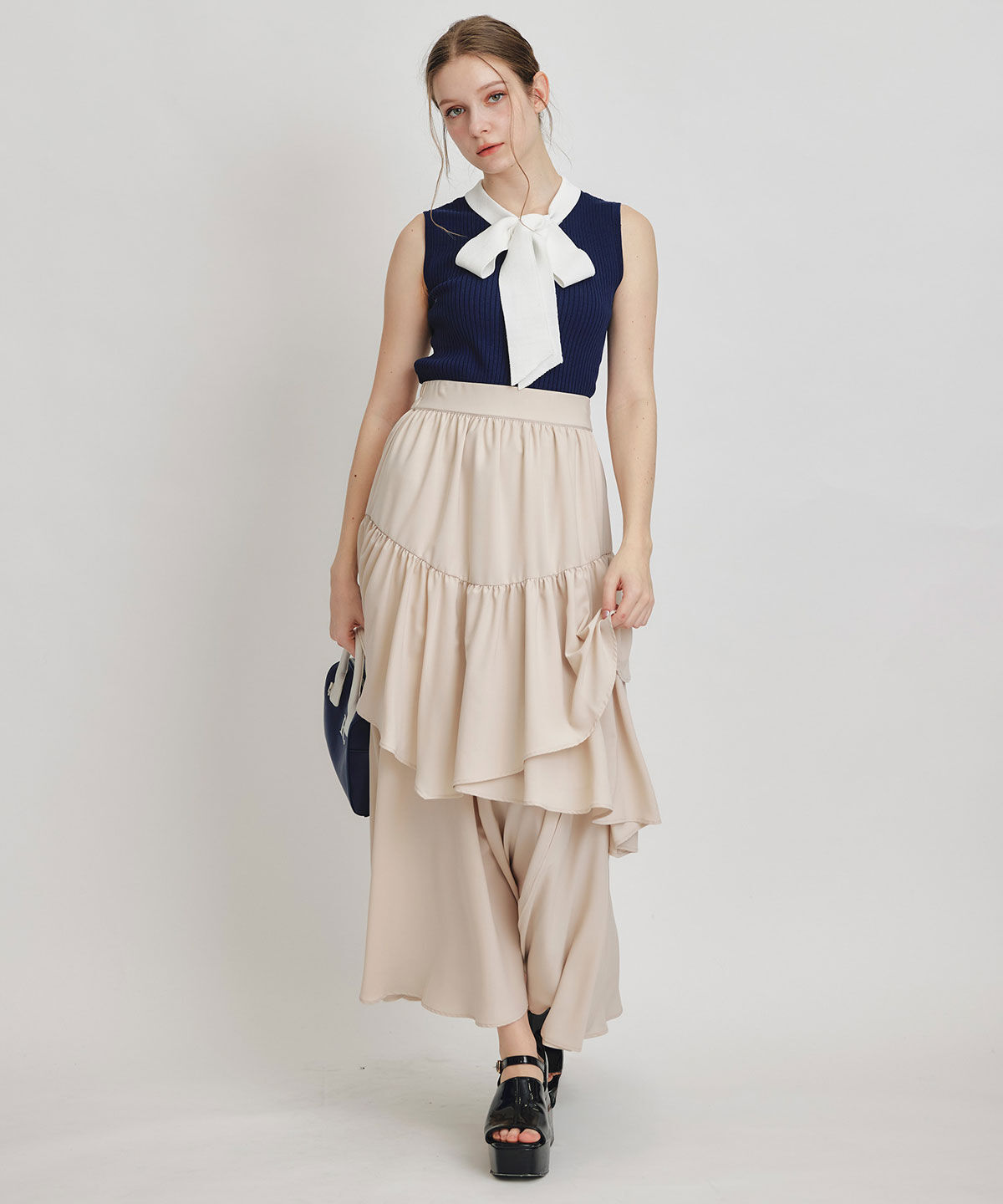 REDYAZEL「ストライプリボンタイリブニットノースリーブ」|ニット・セーター|