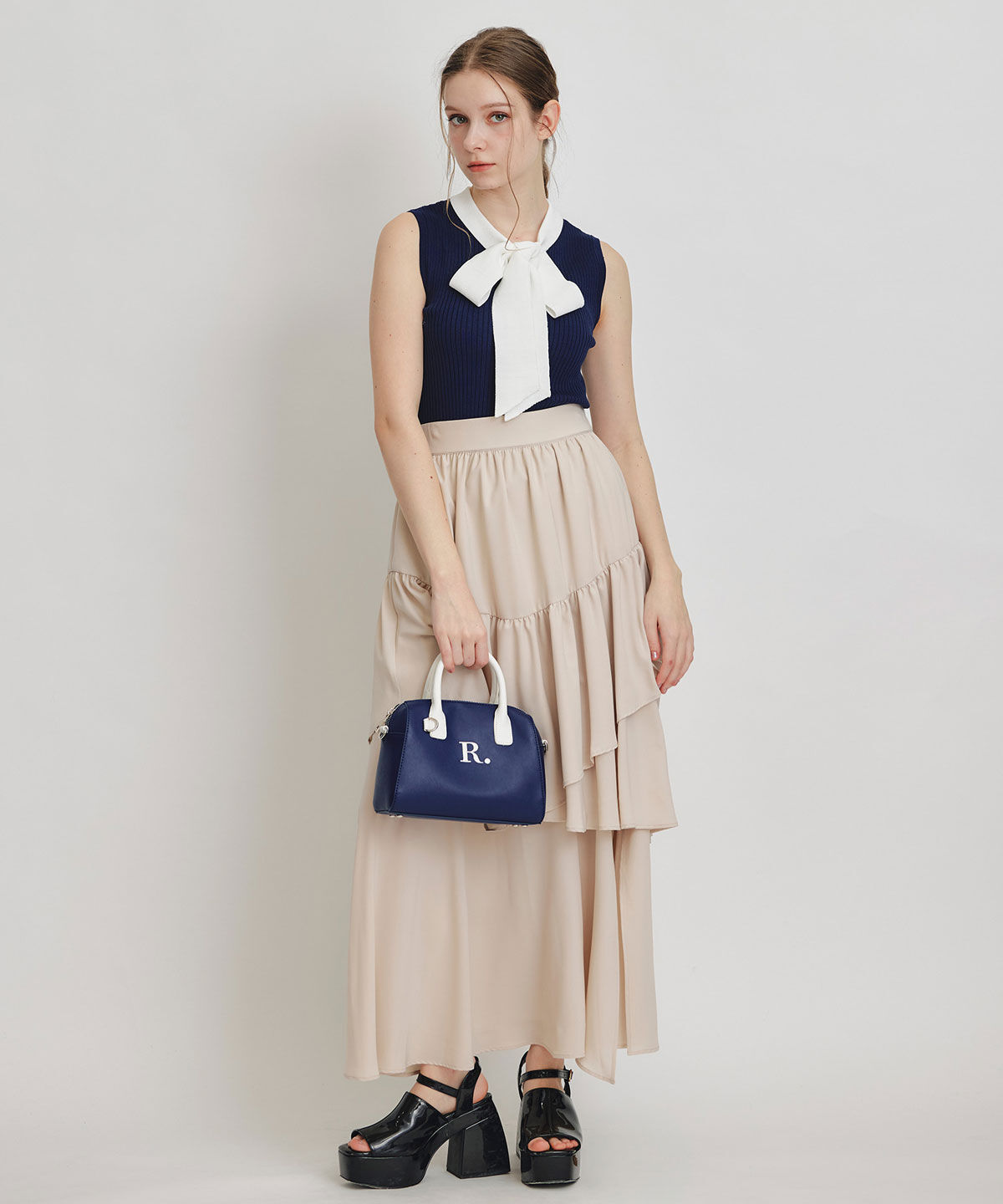 REDYAZEL「ストライプリボンタイリブニットノースリーブ」|ニット・セーター|