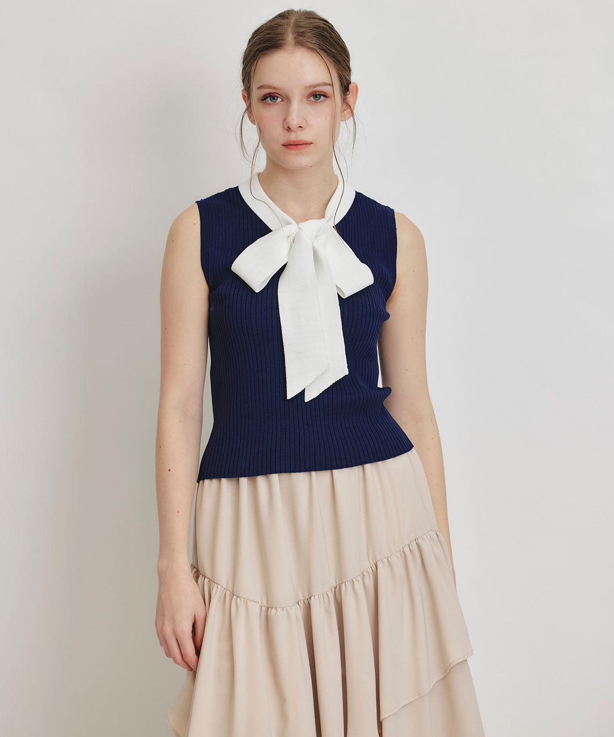 REDYAZEL「ストライプリボンタイリブニットノースリーブ」|ニット・セーター|