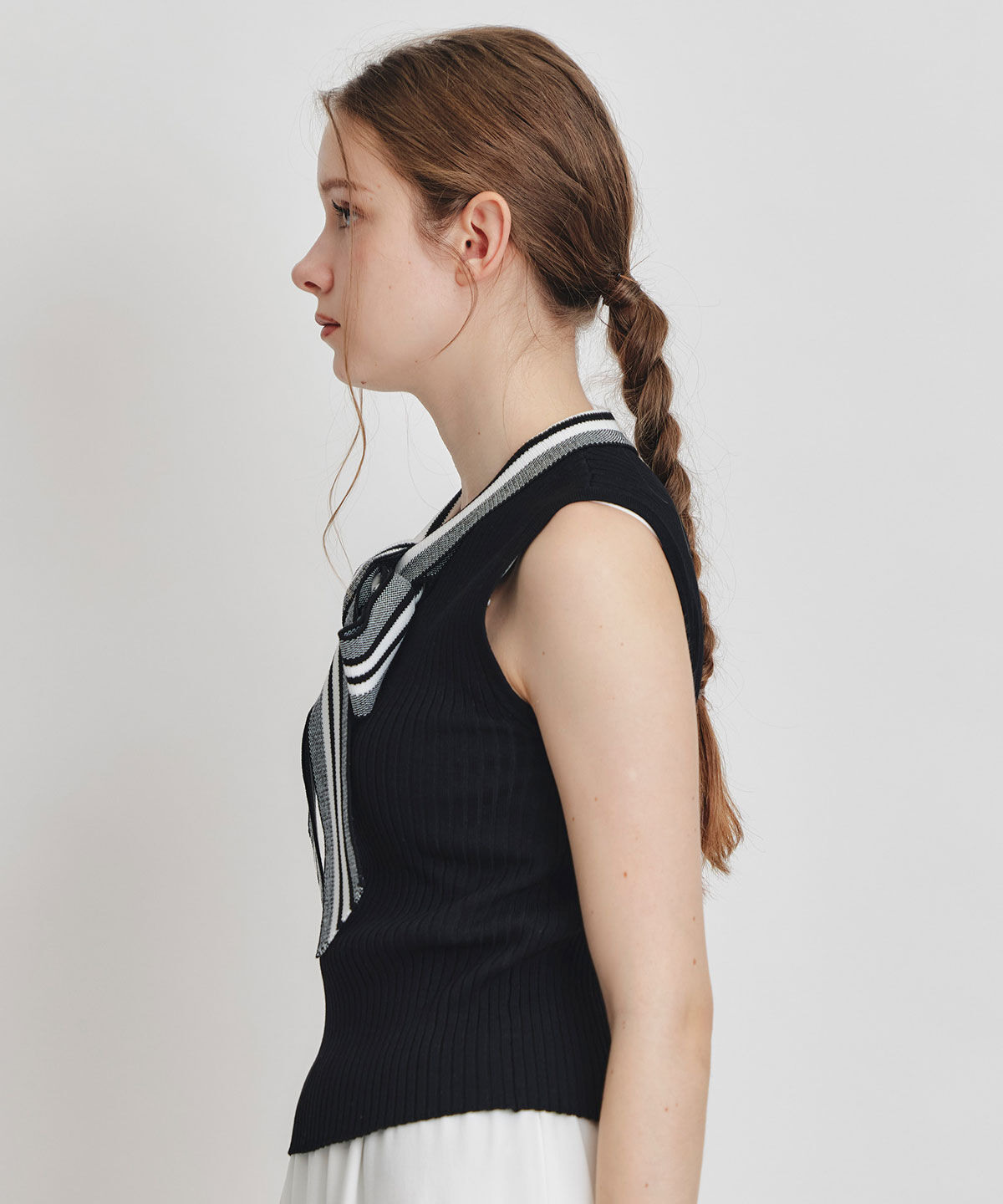 REDYAZEL「ストライプリボンタイリブニットノースリーブ」|ニット・セーター|