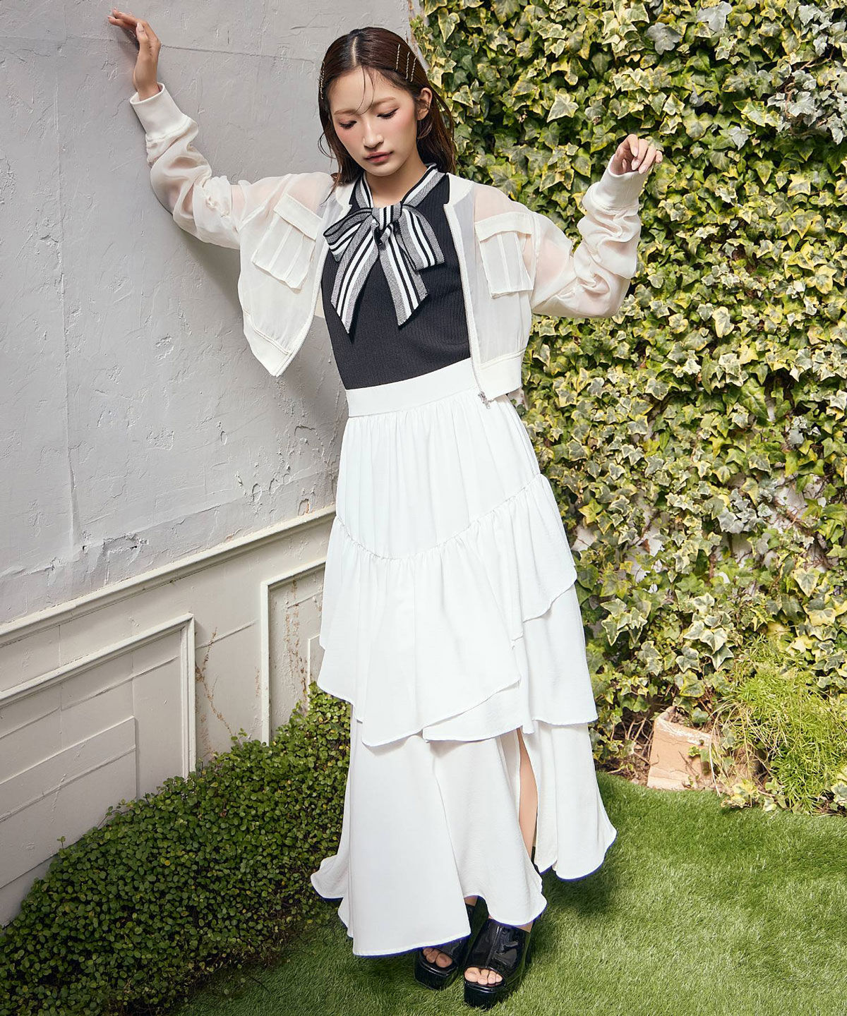 REDYAZEL「ストライプリボンタイリブニットノースリーブ」|ニット・セーター|