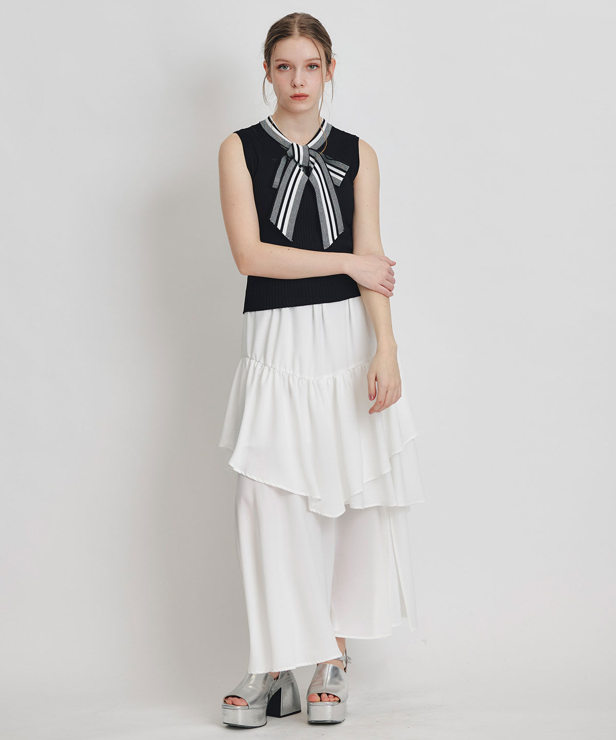 REDYAZEL「ストライプリボンタイリブニットノースリーブ」|ニット・セーター|