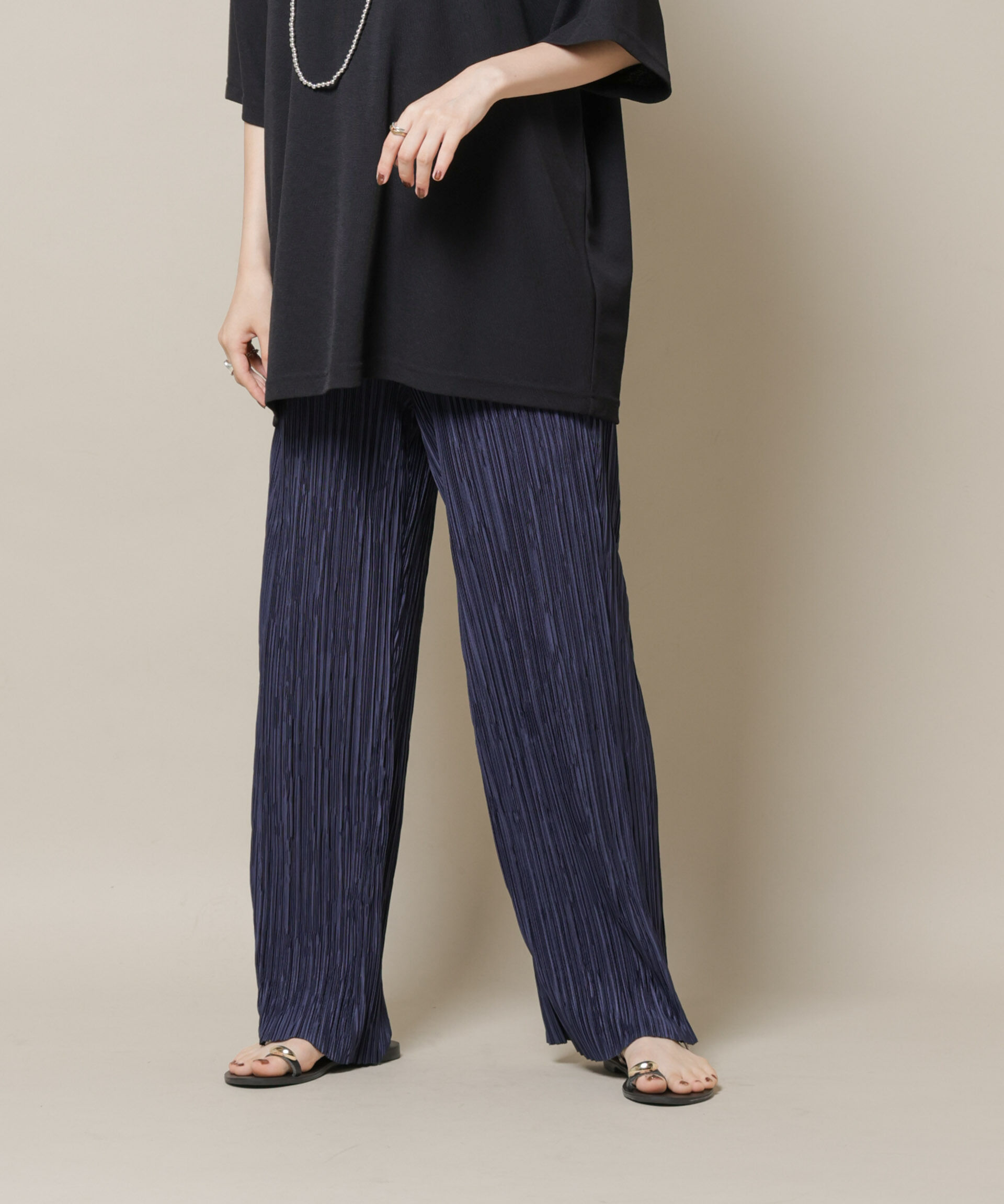 nano･universe「ランダムプリーツカットセミワイドパンツ(セットアップ可)」|チノ|ネイビー