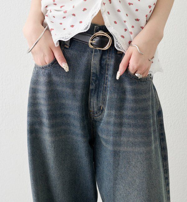  「ベルト付きカーブワイドデニム」|デニム|